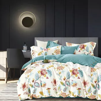 Комплект постельного белья евро Anabella Asabella цветы на белом, простыня бирюзовая