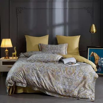 Комплект постельного белья евро Anabella Asabella узор на сиреневом, простыня желто-горчичная