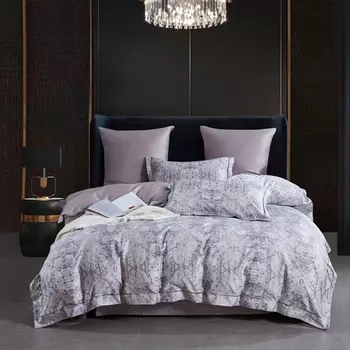 Комплект постельного белья евро Anabella Asabella кружевной узор на серо-сиреневом, простыня серо-сиреневая