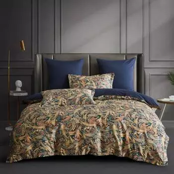 Комплект постельного белья евро Anabella Asabella пейсы на темно-синем, простыня темно-синяя