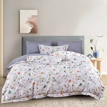 Комплект постельного белья евро Anabella Asabella цветы на белом, простыня серо-сиреневая