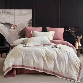 Комплект постельного белья евро Anabella Asabella цветы на светло-сером, простыня какао