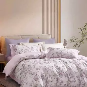 Комплект постельного белья евро Anabella Asabella цветы на молочном, простыня нежно-розовая