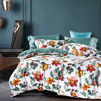 Комплект постельного белья евро Anabella Asabella, белый с серо-бирюзовой простыней