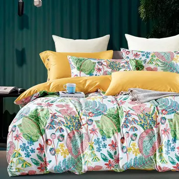 Комплект постельного белья евро Anabella Asabella цветы и листья на белом, простыня светло-абрикосовая