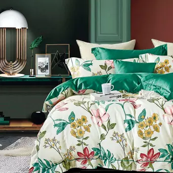 Комплект постельного белья евро Anabella Asabella, цветы на белом, простыня изумруд