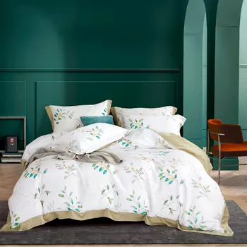 Комплект постельного белья евро Anabella Asabella цветы на белом, простыня светло-бежевая