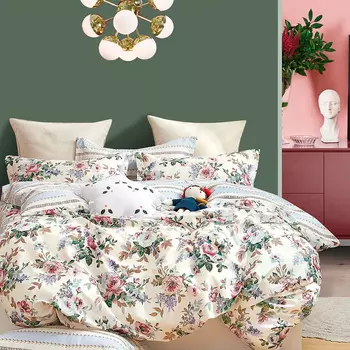 Комплект постельного белья евро Anabella Asabella, цветы на белом, простыня в полоску