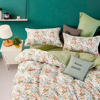 Комплект постельного белья евро Anabella Asabella цветы на молочном, простыня оливковая