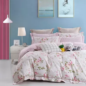 Комплект постельного белья евро Anabella Asabella цветы на молочном, простыня розовая клетка