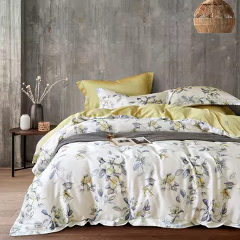 Комплект постельного белья евро Anabella Asabella цветы на молочном, простыня светло-горчичная