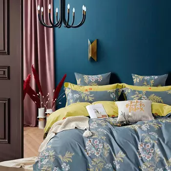 Комплект постельного белья евро Anabella Asabella, цветы на серо-голубом