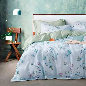 Комплект постельного белья евро Anabella Asabella цветы на светло-голубом, простыня светло-оливковая