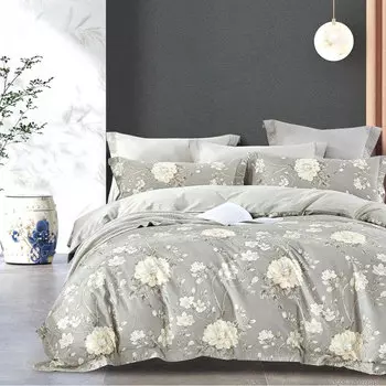 Комплект постельного белья евро Anabella Asabella, цветы на светло-сером