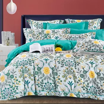 Комплект постельного белья евро Anabella Asabella цветы на светло-сером, простыня бирюзовая