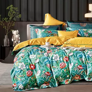 Комплект постельного белья евро Anabella Asabella цветы на зеленом, простыня песочная