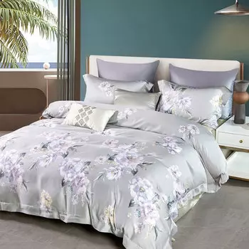 Комплект постельного белья евро Anabella Asabella, цветы на жемчужном