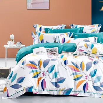 Комплект постельного белья евро Anabella Asabella листья на белом, простыня синяя