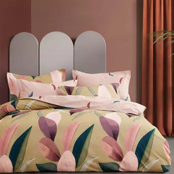 Комплект постельного белья евро Anabella Asabella, листья на светло-салатовом, простыня бледно-розовая