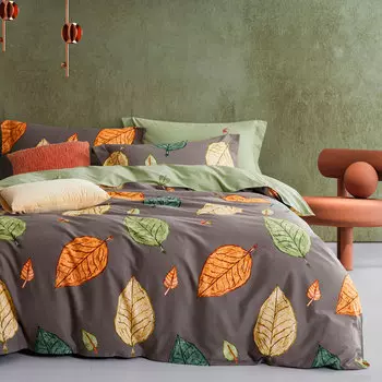 Комплект постельного белья евро Anabella Asabella, листья на темно-сером, простыня темно-оливковая