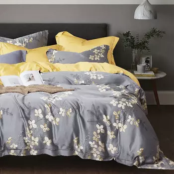 Комплект постельного белья евро Anabella Asabella, серый с желтой простыней