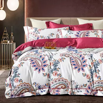 Комплект постельного белья евро Anabella Asabella, узор на белом, простыня темно-вишневая