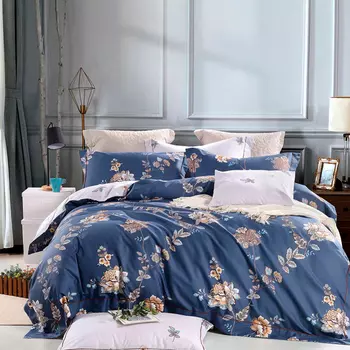 Комплект постельного белья евро Anabella Asabella узоры на темно-синем, простыня светло-бежевая