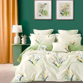 Комплект постельного белья семейный Anabella Asabella цветы на бледно-оливковом, простыня светло-оливковая