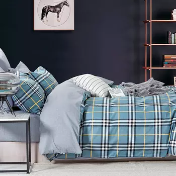 Комплект постельного белья семейный Anabella Asabella клетка на серо-голубом, простыня светло-серая