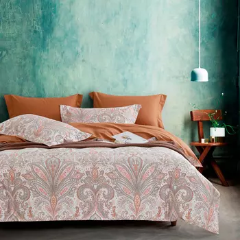 Комплект постельного белья семейный Anabella Asabella узоры на молочном, простыня коричневая