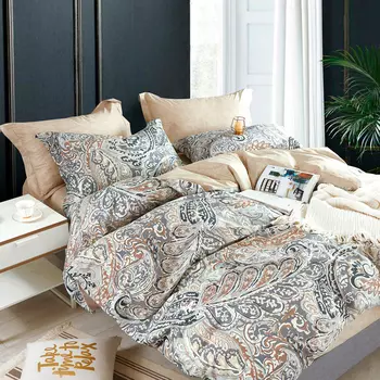 Комплект постельного белья семейный Anabella Asabella узоры на сером, простыня светло-бежевая