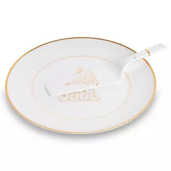 Костяной фарфор АККУ блюдо для торта с лопаткой Новый год (золото)