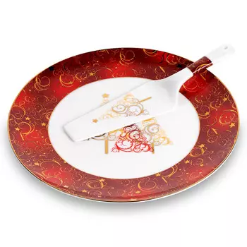 Костяной фарфор АККУ блюдо для торта с лопаткой Новый год (золото,красное)