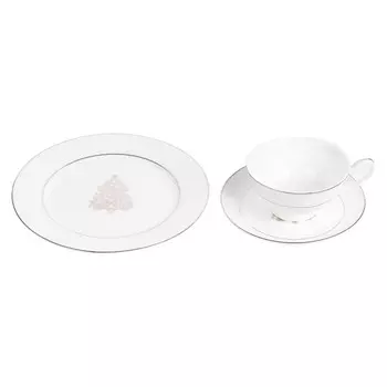 Костяной фарфор АККУ подарочный набор Новый год тарелка 21 см + ч/пара (бел.золото)