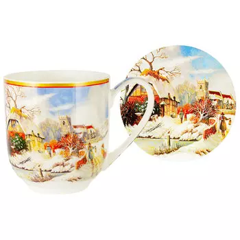 Кружка с подставкой Carmani Новогодний пейзаж. Дом, в подарочной упаковке