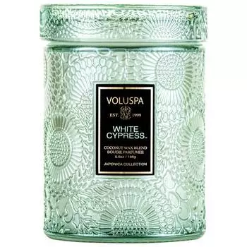 Свеча ароматическая Voluspa Белый Кипарис, в маленькой стеклянной банке со стеклянной крышкой
