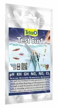 Тест для воды Tetra Test 6in1, 10 экспресс-полосок определяющие показатели pH, KH, GH, NO2, NO3, Cl
