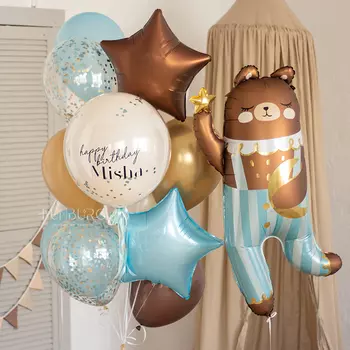 Набор: связка шаров с мишкой «За звёздами»