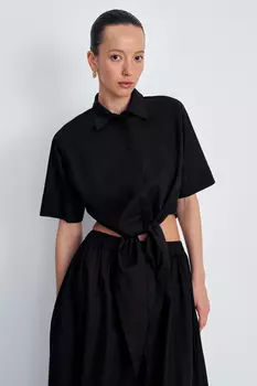 Блузка из хлопка и льна с завязками на поясе