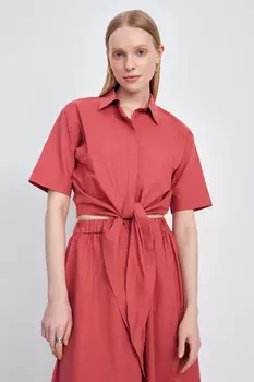 Блузка из хлопка и льна с завязками на поясе