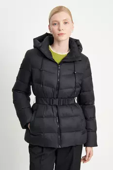 Пуховик с поясом приталенного силуэта