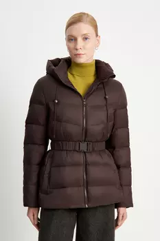 Пуховик с поясом приталенного силуэта