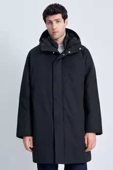 Пуховое пальто с капюшоном и отложным воротником