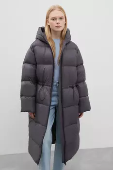 Пуховое пальто с капюшоном и талией на кулиске