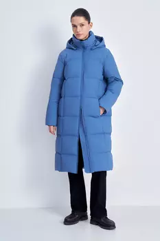 Пуховое пальто с капюшоном и воротником-стойкой