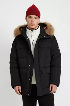 Пуховое пальто с накладными карманами и опушкой из натурального меха