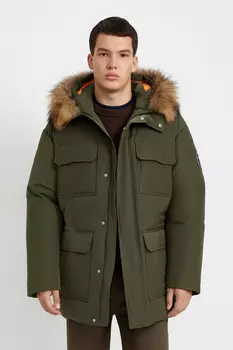 Пуховое пальто с накладными карманами и опушкой из натурального меха