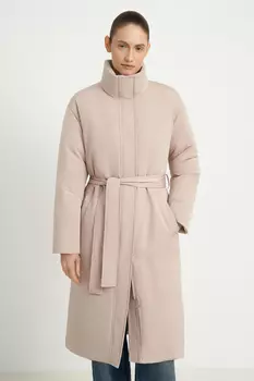 Пуховое пальто с поясом и капюшоном