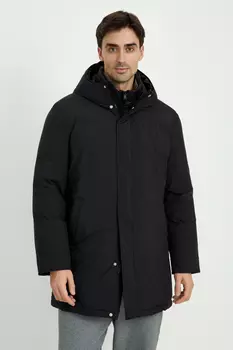 Пуховое полупальто с капюшоном и воротником-стойкой