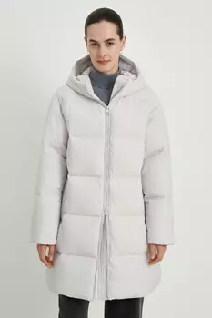 Пуховое полупальто с капюшоном и воротником-стойкой